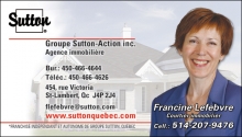 Carte d'affaires de Groupe Sutton. Courtier immobilier Francine Lefebvre. Recto